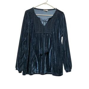 RECREATION Blue Velvet Top Size XL Embroidered Tassels Boho Witchy Whimsigoth